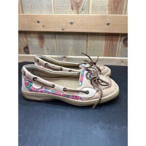 Sperry Top-Sider Girls Boat Shoes Size 4M Tan With Pink Floral Pattern Leather &
